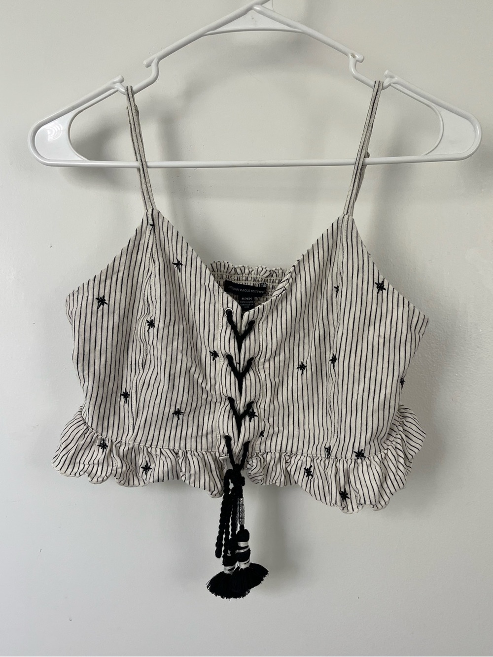 American Eagle Outfitters Black & White Striped Embroidered Tie-Front Crop Top M